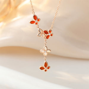 925 Sterling Silver Plated Rose Gold Fashion Simple Butterfly Four-leafed Clover Tassel Pendant with Cubic Zirconia and Necklace