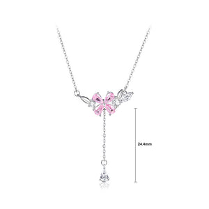 925 Sterling Silver Fashion and Romantic Four-leafed Clover Tassel Pendant with Pink Cubic Zirconia and Necklace