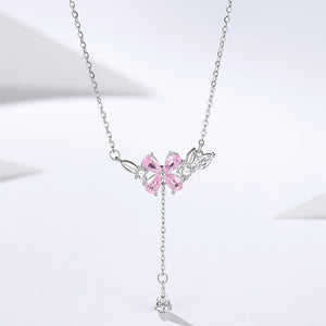 925 Sterling Silver Fashion and Romantic Four-leafed Clover Tassel Pendant with Pink Cubic Zirconia and Necklace