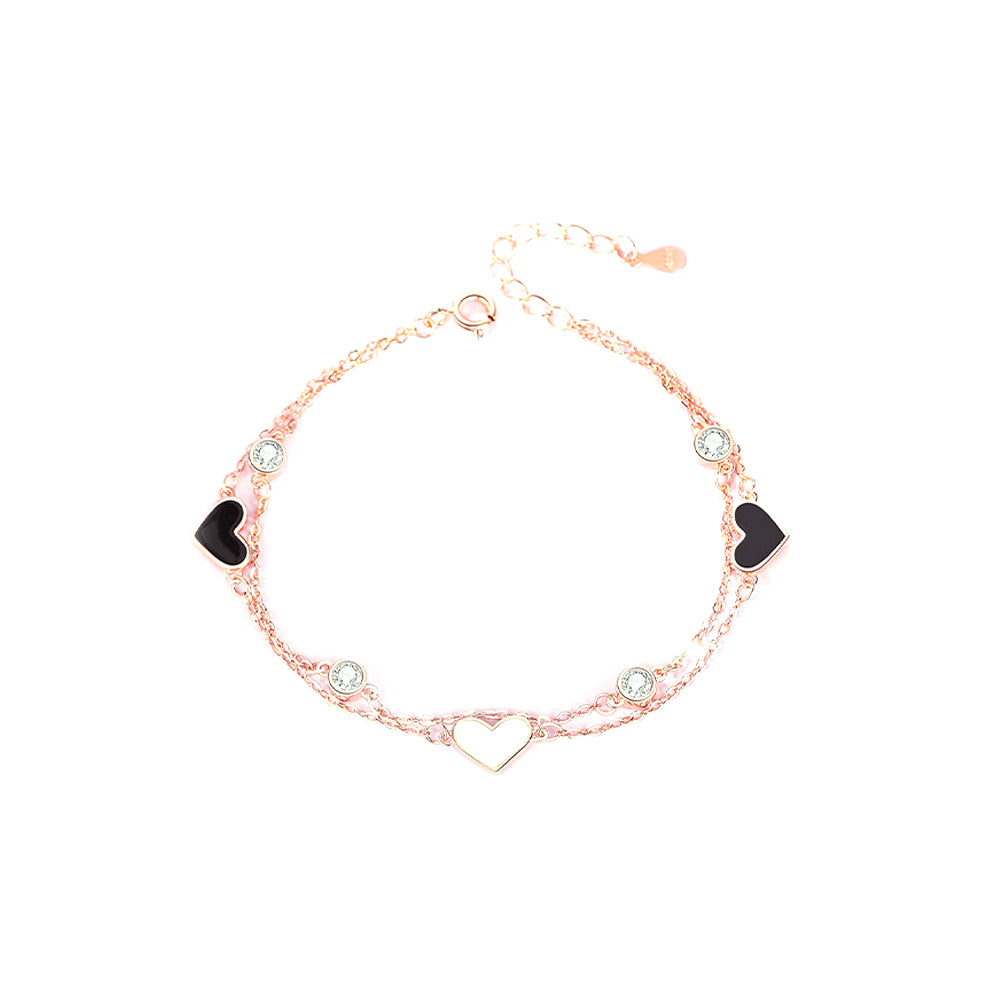 925 Sterling Silver Plated Rose Gold Simple Romantic Heart-shaped Double Layer Bracelet with Cubic Zirconia