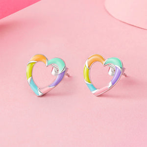 925 Sterling Silver Simple Sweet Enamel Colorful Hollow Heart-shaped Stud Earrings