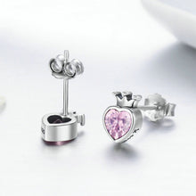 Load image into Gallery viewer, 925 Sterling Silver Simple and Fashion Crown Heart-shaped Stud Earrings with Pink Cubic Zirconia