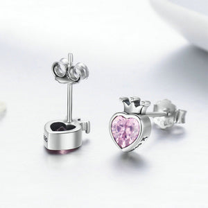 925 Sterling Silver Simple and Fashion Crown Heart-shaped Stud Earrings with Pink Cubic Zirconia