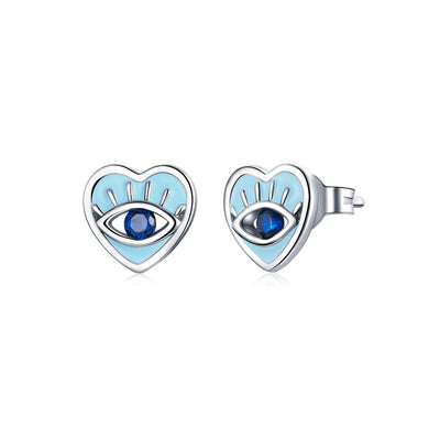 925 Sterling Silver Fashion Personalized Devils Eye Enamel Heart Earrings with Cubic Zirconia
