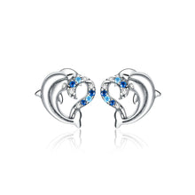 Load image into Gallery viewer, 925 Sterling Silver Fashion Creative Dolphin Heart Stud Earrings with Blue Cubic Zirconia