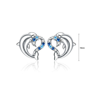 925 Sterling Silver Fashion Creative Dolphin Heart Stud Earrings with Blue Cubic Zirconia