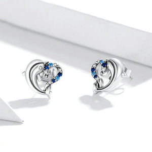 925 Sterling Silver Fashion Creative Dolphin Heart Stud Earrings with Blue Cubic Zirconia
