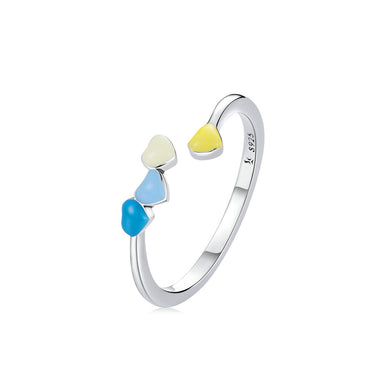 925 Sterling Silver Simple Sweet Enamel Colorful Heart Shape Adjustable Open Ring