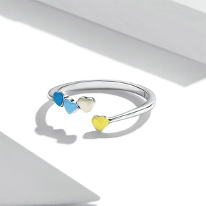 925 Sterling Silver Simple Sweet Enamel Colorful Heart Shape Adjustable Open Ring