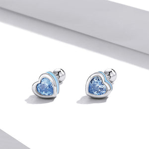 925 Sterling Silver Simple Cute Enamel Blue Heart-shaped Stud Earrings with Cubic Zirconia