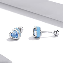 Load image into Gallery viewer, 925 Sterling Silver Simple Cute Enamel Blue Heart-shaped Stud Earrings with Cubic Zirconia