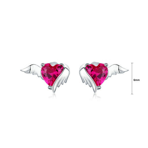 925 Sterling Silver Simple Fashion Angel Wings Heart Shape Stud Earrings with Cubic Zirconia