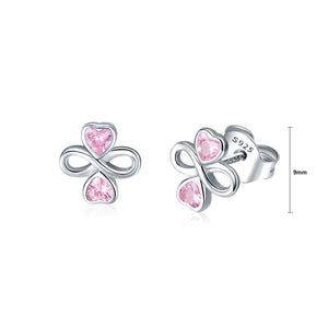 925 Sterling Silver Fashion Simple Heart-shaped Four-leafed Clover Stud Earrings with Pink Cubic Zirconia
