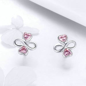 925 Sterling Silver Fashion Simple Heart-shaped Four-leafed Clover Stud Earrings with Pink Cubic Zirconia