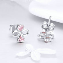 Load image into Gallery viewer, 925 Sterling Silver Fashion Simple Heart-shaped Four-leafed Clover Stud Earrings with Pink Cubic Zirconia