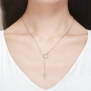 925 Sterling Silver Simple and Creative Hollow Heart-shaped Key Tassel Pendant with Necklace