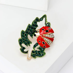 Fashion and Creative Plated Gold Enamel Ladybug Hollow Leaf Brooch with Cubic Zirconia