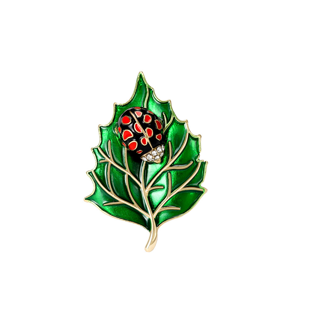Fashion and Creative Plated Gold Ladybug Enamel Green Leaf Brooch