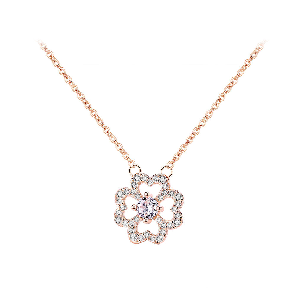 925 Sterling Silver Plated Rose Gold Fashion Simple Heart-shaped Four-leafed Clover Pendant with Cubic Zirconia and Necklace