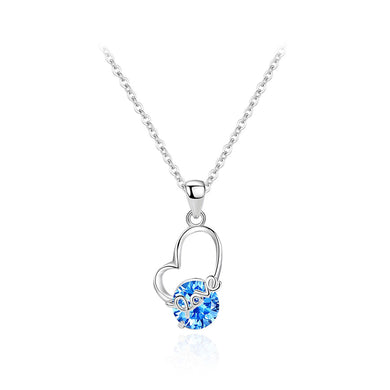 925 Sterling Silver Fashion and Romantic Love Heart-shaped Pendant with Blue Cubic Zirconia and Necklace