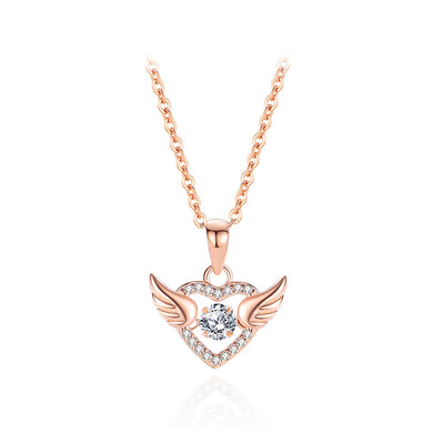 925 Sterling Silver Plated Rose Gold Fashion Temperament Angel Wings Heart-shaped Pendant with Cubic Zirconia and Necklace
