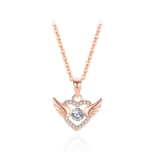 925 Sterling Silver Plated Rose Gold Fashion Temperament Angel Wings Heart-shaped Pendant with Cubic Zirconia and Necklace