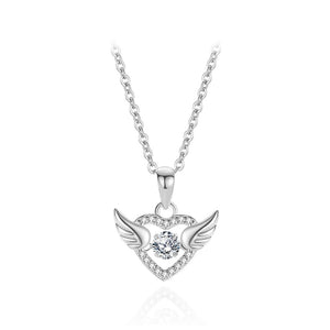 925 Sterling Silver Fashion Temperament Angel Wings Heart-shaped Pendant with Cubic Zirconia and Necklace