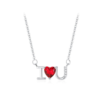 925 Sterling Silver Fashion and Romantic Iloveyou Alphabet Heart-shaped Pendant with Red Cubic Zirconia and Necklace