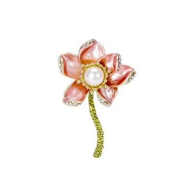 Elegant and Fashion Plated Gold Enamel Pink Flower Imitation Pearl Brooch with Cubic Zirconia