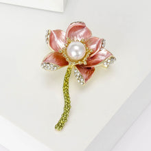 Load image into Gallery viewer, Elegant and Fashion Plated Gold Enamel Pink Flower Imitation Pearl Brooch with Cubic Zirconia