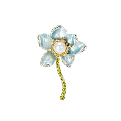 Elegant and Fashion Plated Gold Enamel Blue Flower Imitation Pearl Brooch with Cubic Zirconia