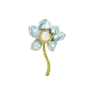 Elegant and Fashion Plated Gold Enamel Blue Flower Imitation Pearl Brooch with Cubic Zirconia