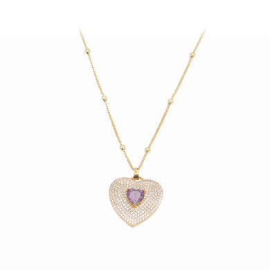 Simple Brilliant Plated Gold Heart-shaped Pendant with Purple Cubic Zirconia and Necklace