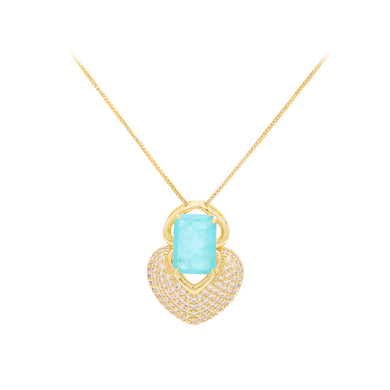 Fashion Brilliant Plated Gold Heart-shaped Pendant with Blue Cubic Zirconia and Necklace