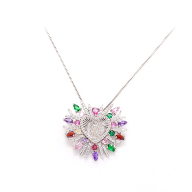 Fashion Brilliant Virgin Mary Heart-shaped Pendant with Colored Cubic Zirconia and Necklace
