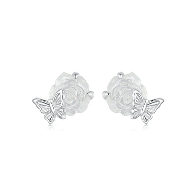 925 Sterling Silver Fashion Romantic Rose Butterfly Stud Earrings