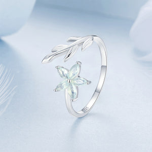 925 Sterling Silver Fashion Simple Flower Leaves Adjustable Open Ring with Cubic Zirconia