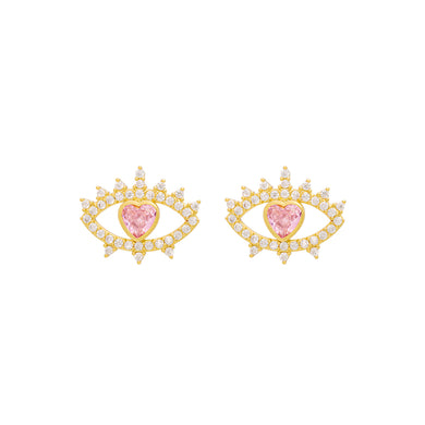 Fashion Personality Plated Gold Heart-shaped Devils Eye Stud Earrings with Pink Cubic Zirconia