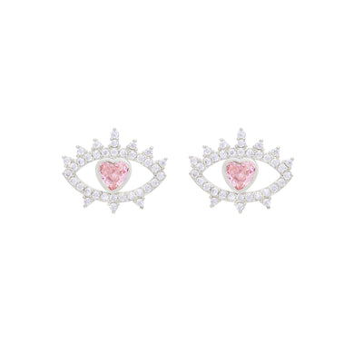 Fashion Personality Heart-shaped Devils Eye Stud Earrings with Pink Cubic Zirconia