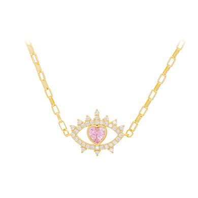 Fashion Personalized Plated Gold Heart-shaped Devils Eye Pendant with Pink Cubic Zirconia and Necklace