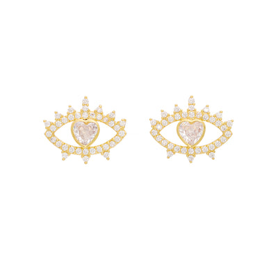 Fashion Personality Plated Gold Heart-shaped Devils Eye Stud Earrings with White Cubic Zirconia