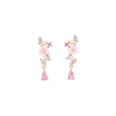925 Sterling Silver Plated Rose Gold Fashion Temperament Flower Butterfly Tassel Earrings with Cubic Zirconia