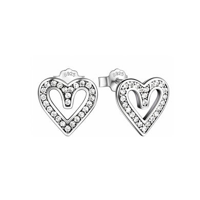 925 Sterling Silver Simple and Cute Hollow Heart-shaped Stud Earrings with Cubic Zirconia