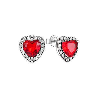 925 Sterling Silver Simple and Fashion Heart-shaped Stud Earrings with Red Cubic Zirconia