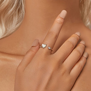 925 Sterling Silver Fashion Romantic Heart-Shaped Mother-of-Pearl Adjustable Open Ring with Cubic Zirconia