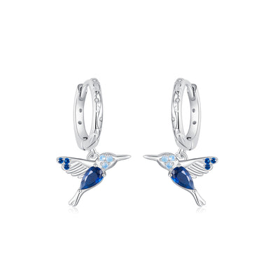 925 Sterling Silver Fashion Temperament Hummingbird Earrings with Blue Cubic Zirconia