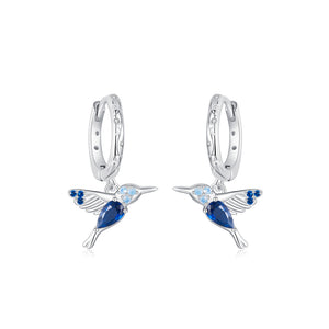 925 Sterling Silver Fashion Temperament Hummingbird Earrings with Blue Cubic Zirconia