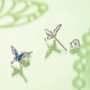 925 Sterling Silver Fashion and Elegant Enamel Butterfly Stud Earrings