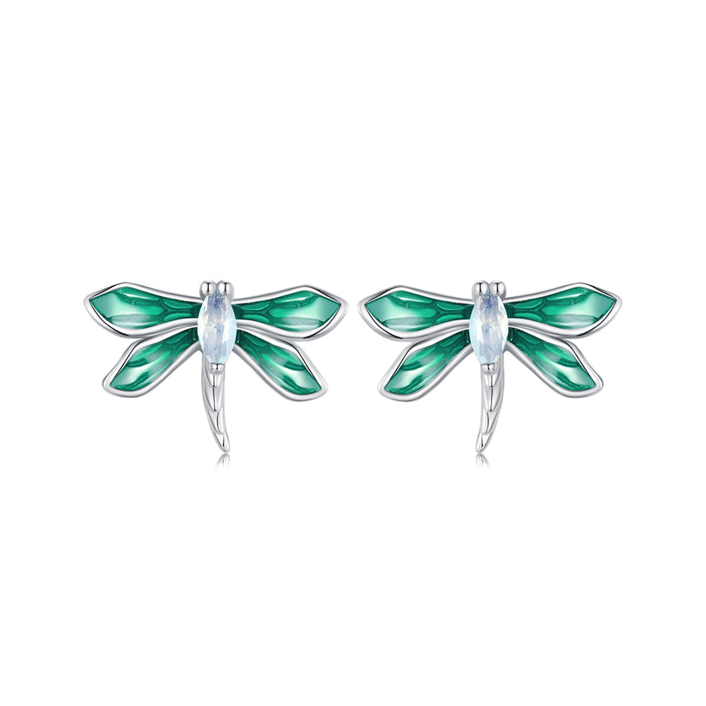 925 Sterling Silver Simple Cute Enamel Dragonfly Stud Earrings with Cubic Zirconia