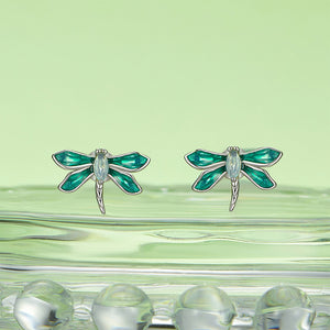 925 Sterling Silver Simple Cute Enamel Dragonfly Stud Earrings with Cubic Zirconia